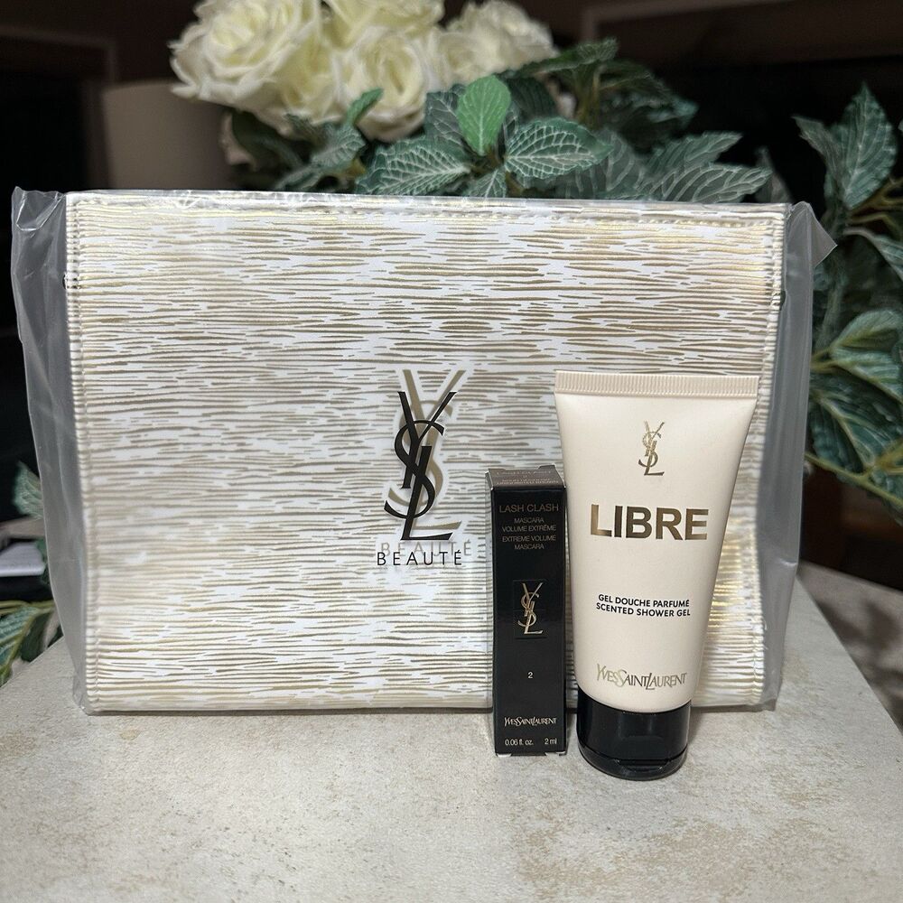 YSL Beauty Makeup Pouch With Libre Shower Gel 1.6 Fl Oz & 2ml Lash Clash Mascara